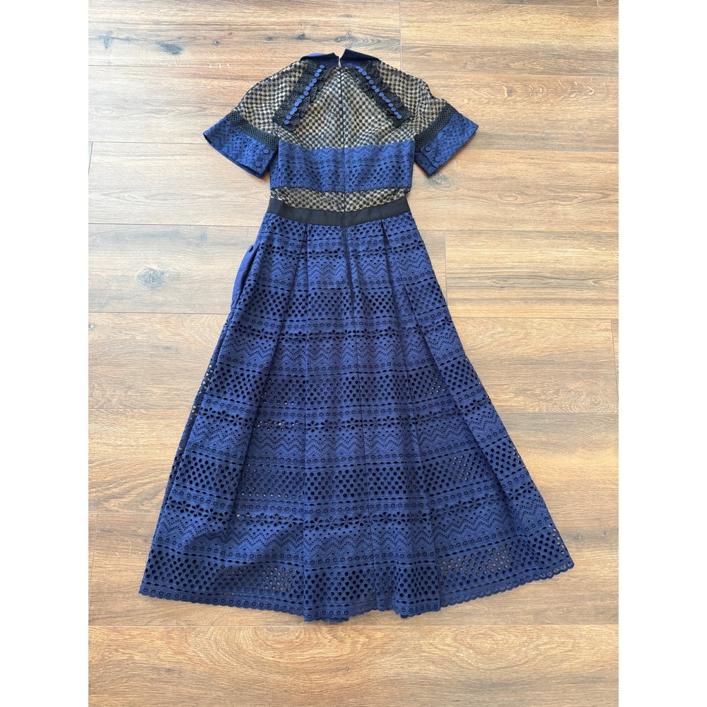 Self-Portrait Navy Blue Guipure Lace Mesh Midi Dress Collared Short Sleeve US 2 - Picture 3 of 3
